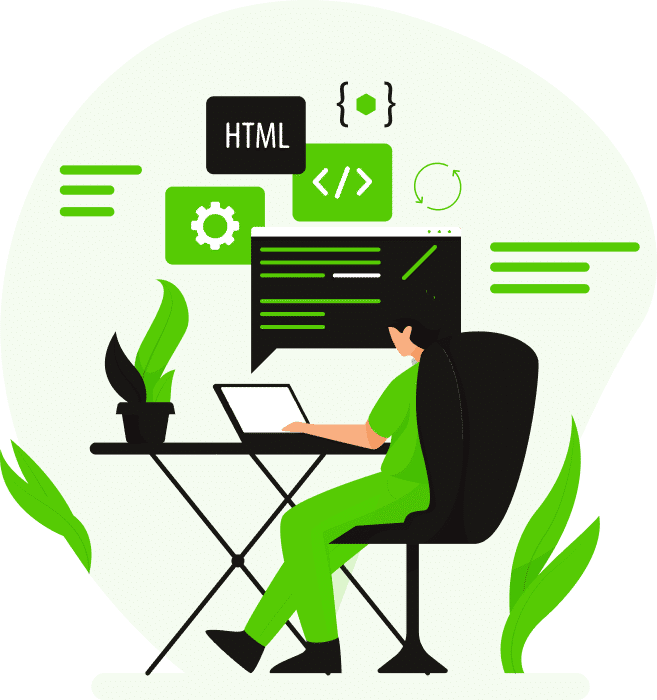 A man sitting at a desk with a laptop and a green background.