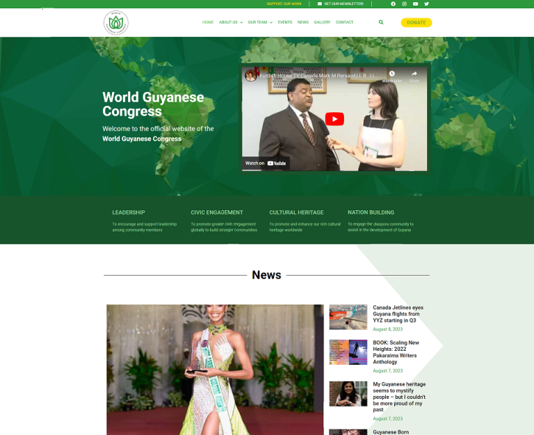 A green and white website for the World Olympics featuring the World Guyanese Congress.