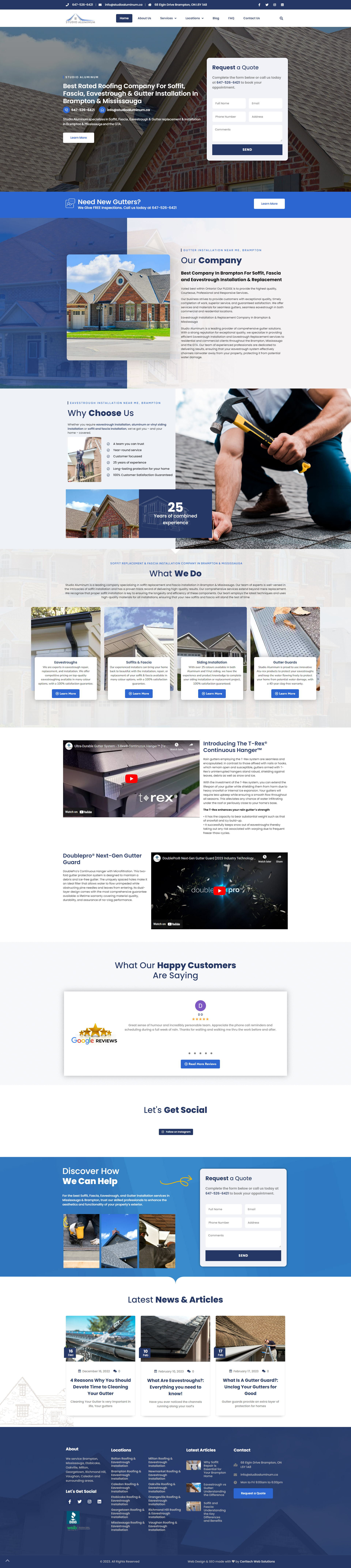 A website design for Studio Aluminum, a roofing company.