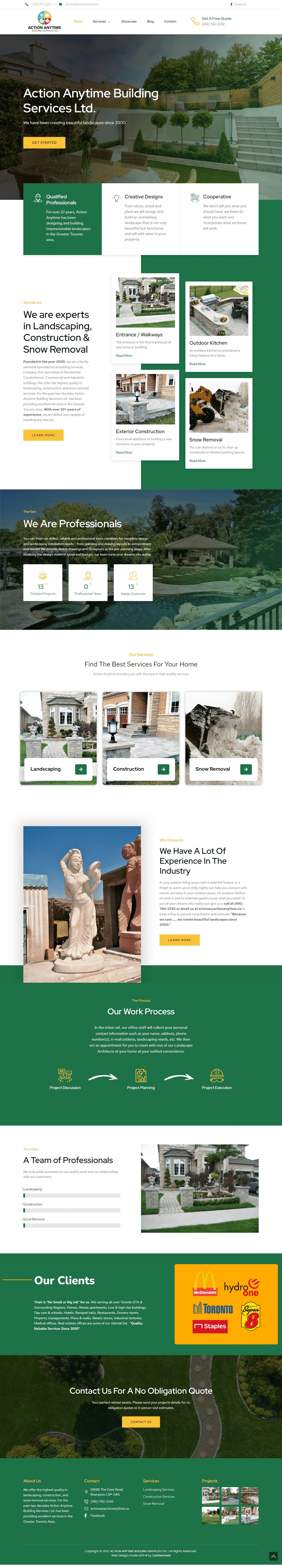 A landscaping website design featuring Action and Anytime.