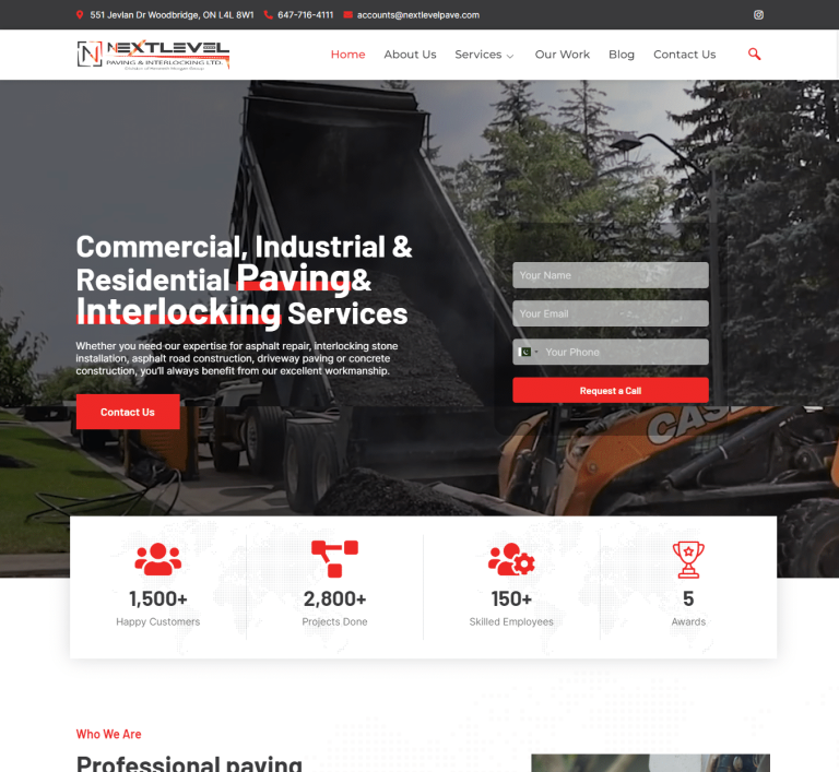 A landing page for Next Level Pave construction company.