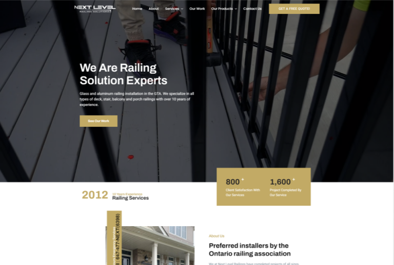 A website design for a construction company specializing in Next Level Railing Solution.