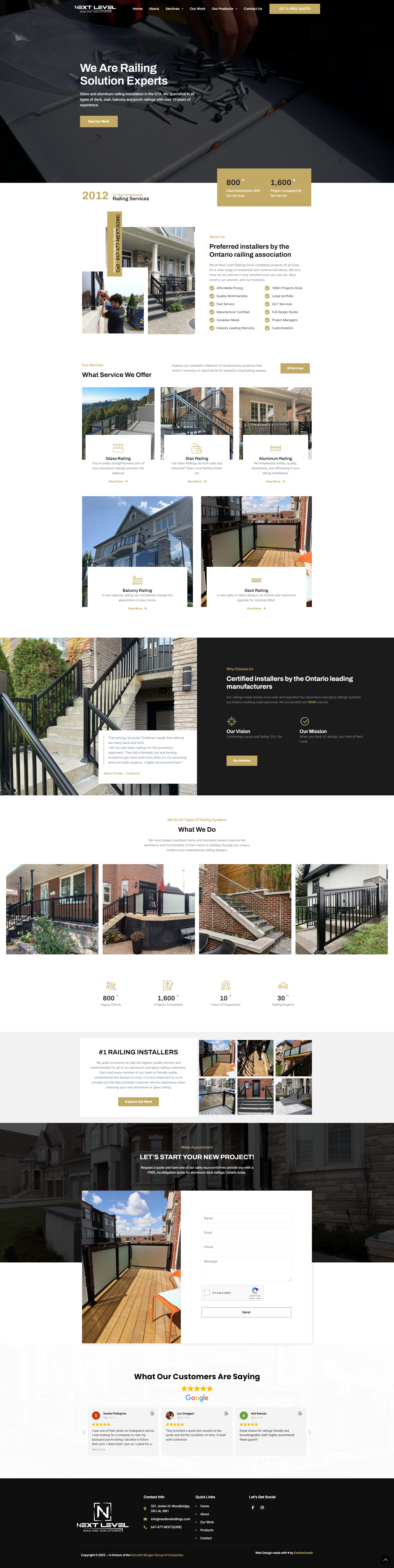 A website design for a construction company specializing in Next Level Railing Solutions.
