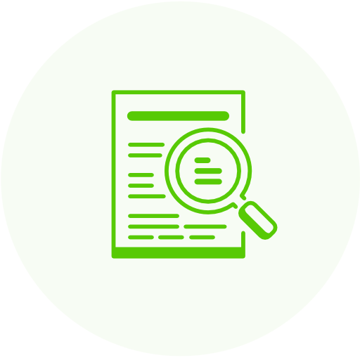 A green icon with a magnifying glass over a document, representing the expertise of Barrie SEO.