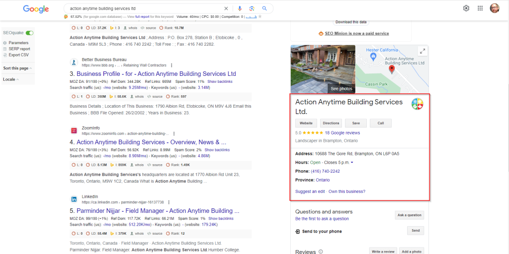 A Barrie SEO company that specializes in building services appears on a Google search.