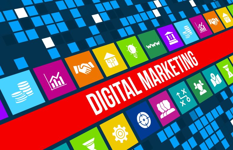 A red banner displaying the phrase &quot;digital marketing&quot; prominently, perfect for a start-up.