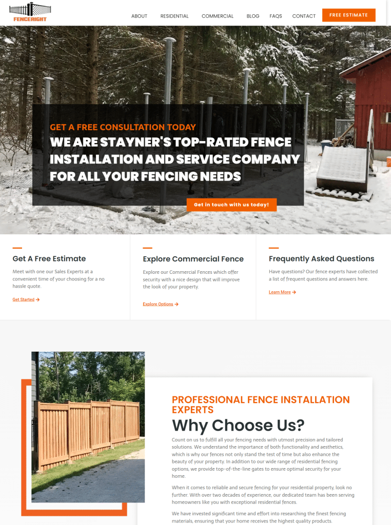 Fence Right's website design for a fencing company.