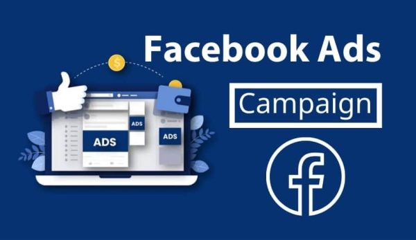 A blue background highlighting the Facebook ads campaign.