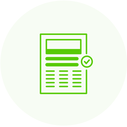 A green document icon with a check mark on it.