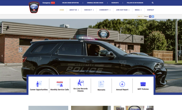 The Woodstock Police Force's website proudly showcases an image of their patrol car.