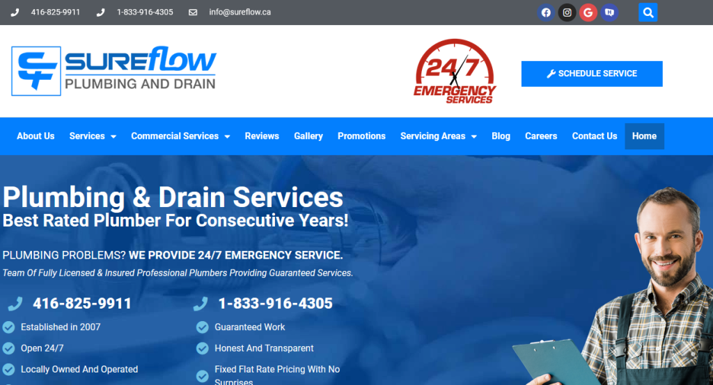 Create a service page for Surfflow plumbing and drain services.