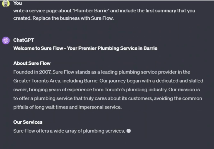 Create a Service Page screenshot of a plumbing service in Burton, ChatGPT Powered.