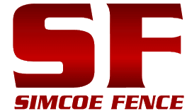 Logo of Simcoe Fence with large red letters "S" and "F" and the words "SIMCOE FENCE" in smaller red text below, reflecting their expertise in fence installation.