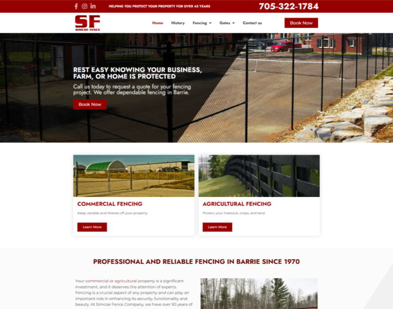 Screenshot of a fencing company's webpage featuring sections for commercial and agricultural fencing, a contact number, and a slogan emphasizing 50 years of reliable fence services in Barrie and Simcoe.