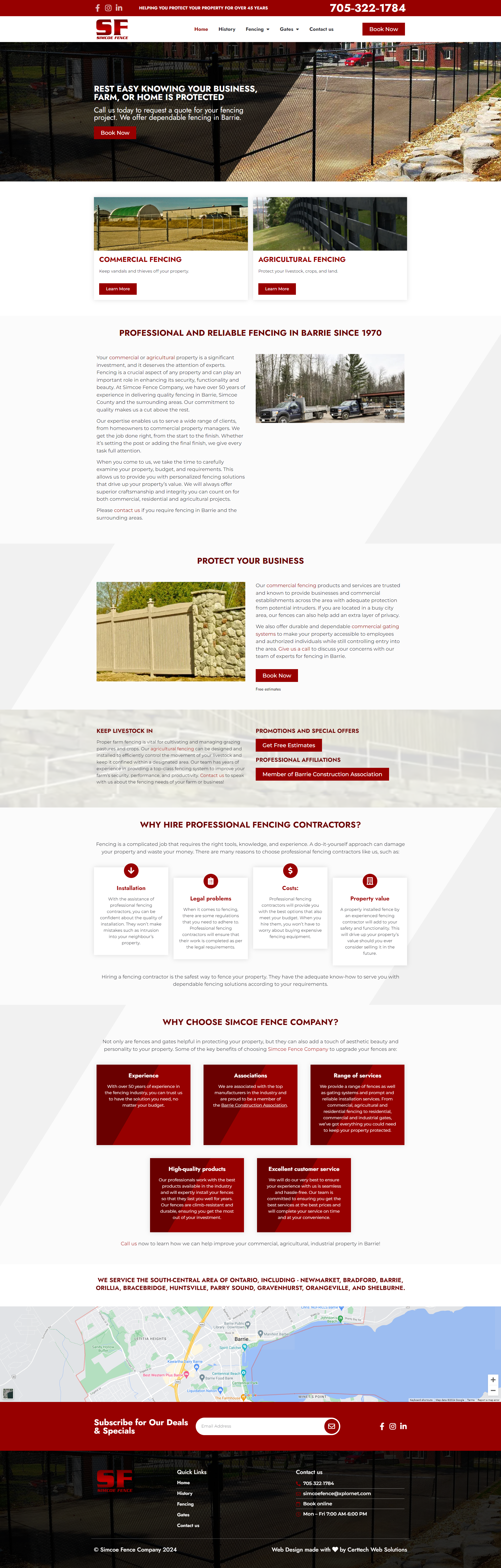 Screenshot of Simcoe Fence's webpage featuring sections on commercial and residential fencing services, company history, benefits of hiring professional contractors, and contact information.