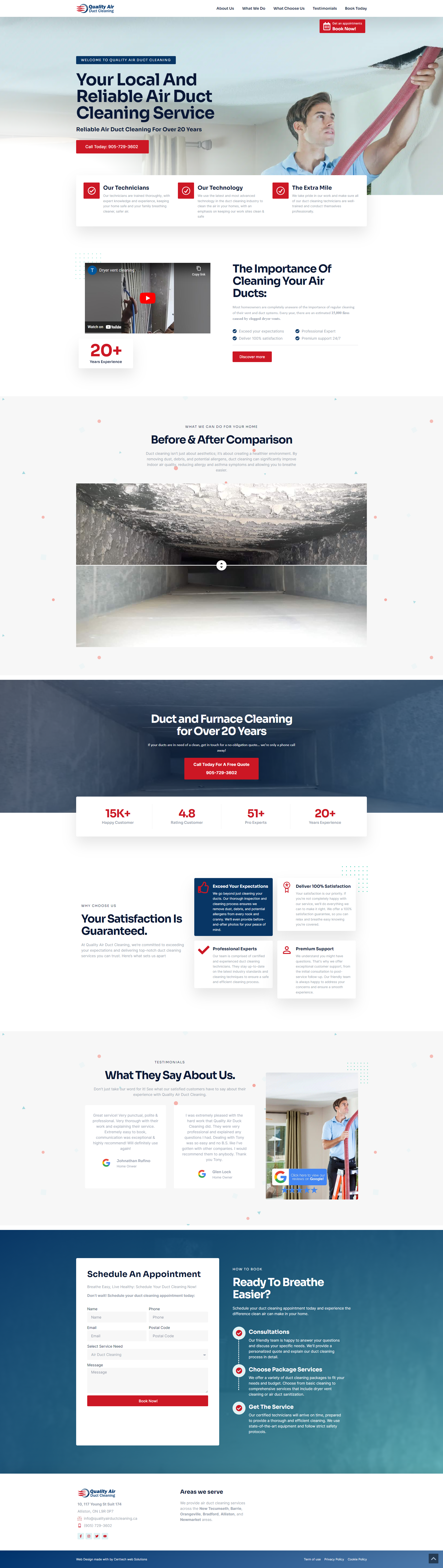 A screenshot of a webpage offering local and professional duct cleaning services, featuring information about services, customer testimonials, and a comparison image of before and after quality air ducts cleaning.
