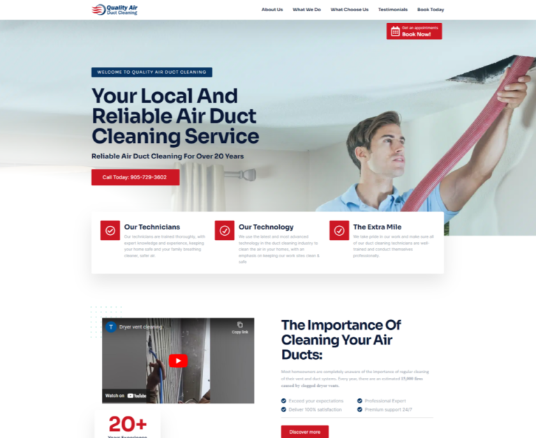 Website homepage for Quality Air Duct Cleaning with a header image showing a technician performing air duct cleaning. The site highlights services, technician skills, technology used, and the importance of cleaning air ducts.