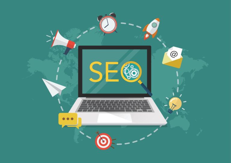 Illustration of a laptop displaying &quot;SEO&quot; with icons of a clock, megaphone, email, rocket, and chat envelope it. This ensemble symbolizes profitable digital marketing and optimization concepts on a green background.