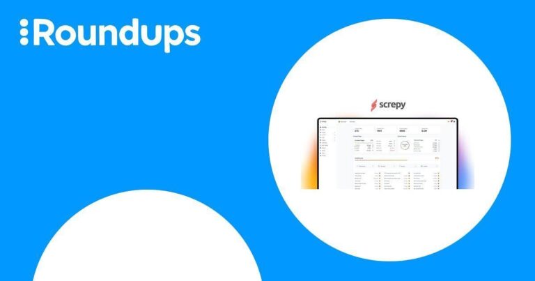 A laptop displaying a dashboard with the Screpy logo on a blue and white background with the title &quot;Roundups.