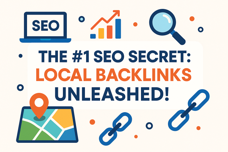 Graphic with icons for SEO, statistics, search, map, and links, featuring the text: "The #1 SEO Secret: Local Backlinks Unleashed! Boost real traffic with powerful local backlinks.